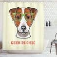thumbnail image 1 of Jack Russell Shower Curtain, Dog in Smart Glasses with a Geek Words on Cream Toned Background, Fabric Bathroom Set with Hooks, 69W X 75L Inches Long, Green Brown Cream White, by Ambesonne, 1 of 3