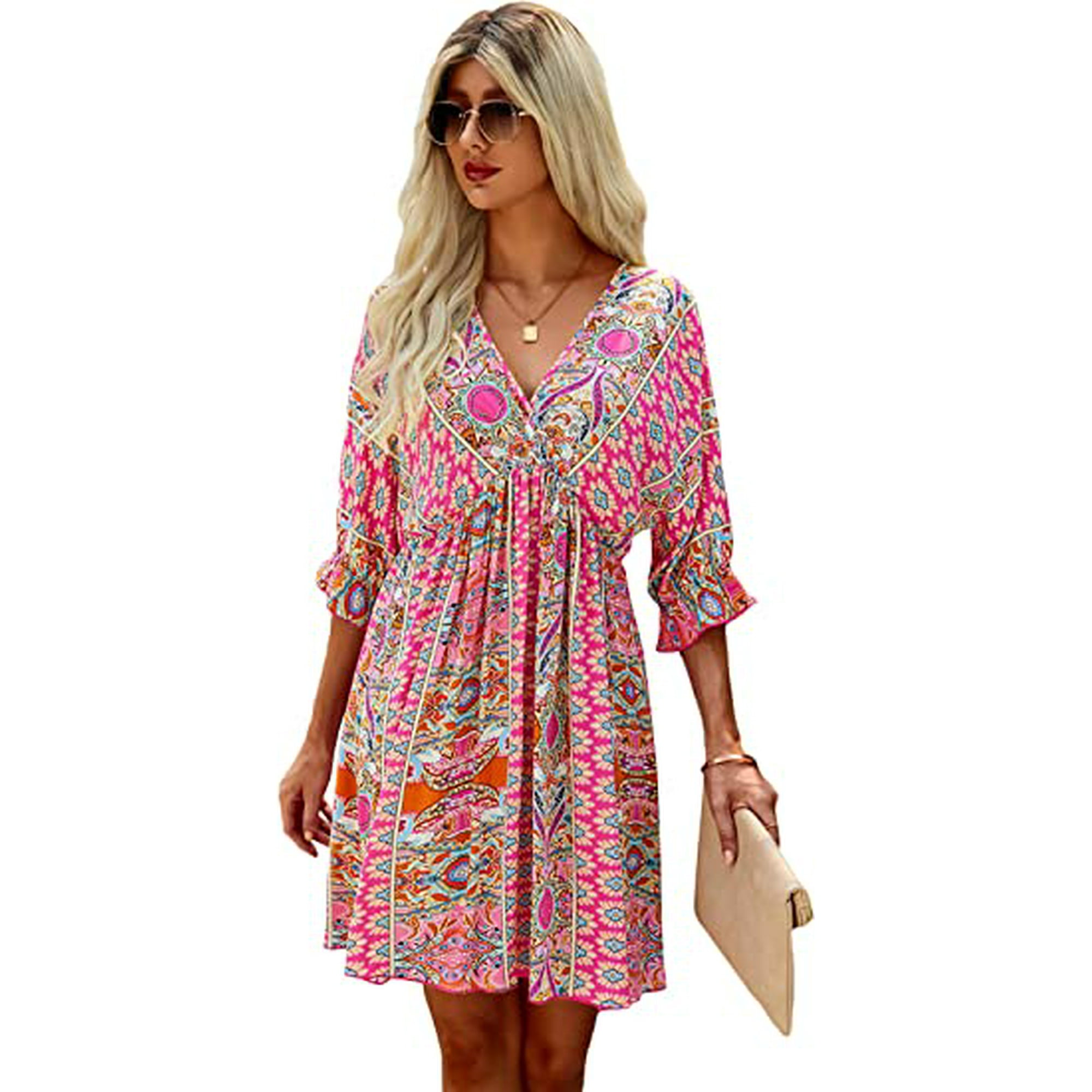 Robe d Ete a Manches Courtes et Col Rond Imprime Tribal Boho pour Femmes Walmart