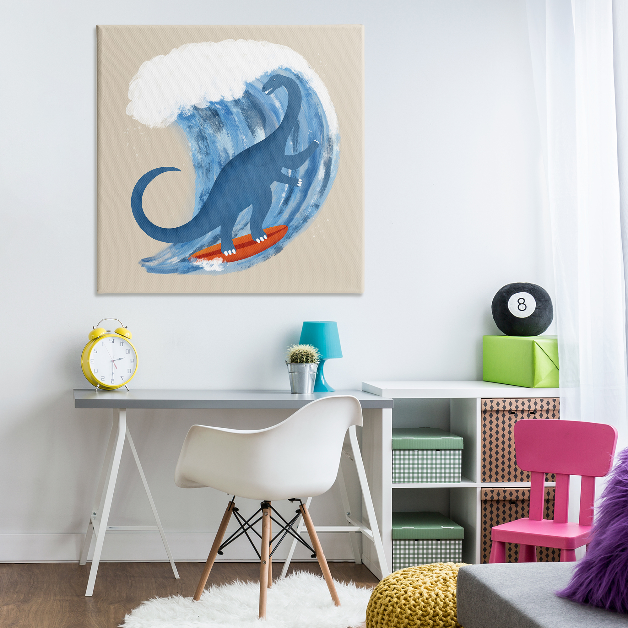Stupell Industries Surfing Dino Brontosaurus Novelty & Humor Painting Wrapped Canvas Art Print Wall Art, 36 x 36