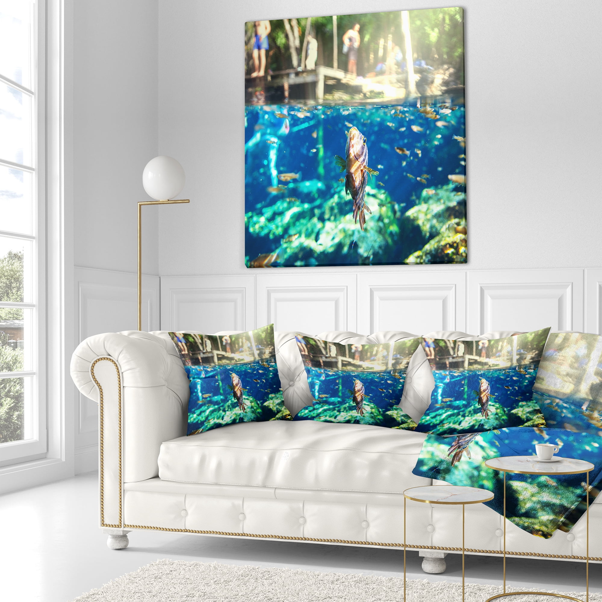 Designart Large Fish in Ik Kil Cenote Mexico - Landscape Wall Throw Pillow - 18x18
