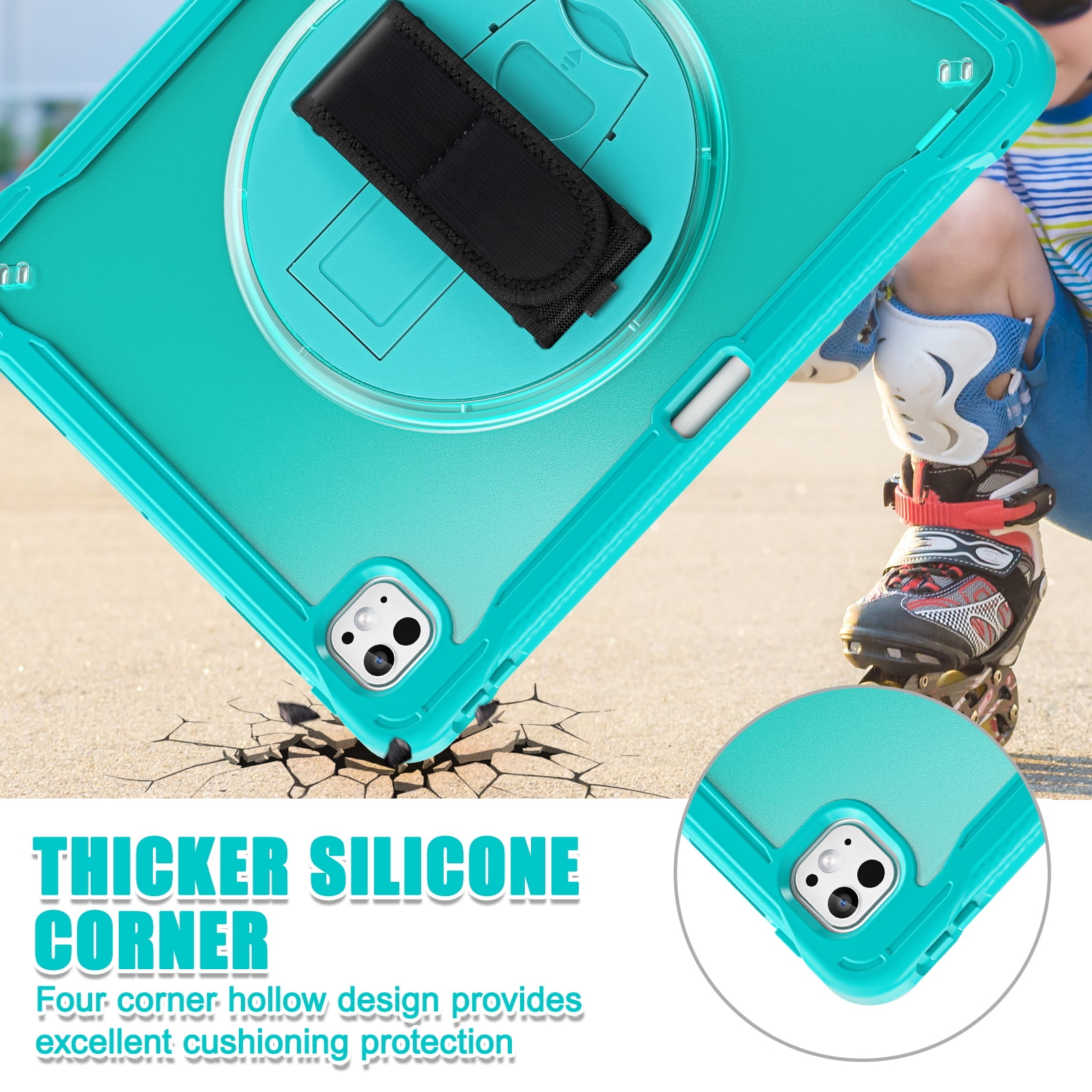 Dteck Case for iPad Pro 13 inch M4 2024,Military Grade Shockproof Silicone Cover 360° Rotatable Stand- Shoulder Strap- Handle- Pencil Holder,Blue
