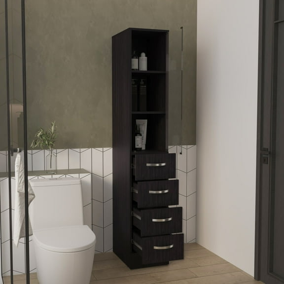 Nmkwnr Tall Cabinet with 3 Shelves and 4 Drawers, Single Glass Door Storage Cabinet for Living Room, Bathroom, Black