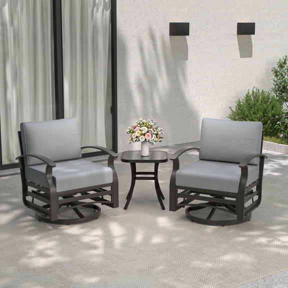 ALAULM 3-Piece Patio Outdoor Aluminum Metal Swivel Rocking Chair Set with 1 Coffee Table and 2 Grey Padded Cushions for Porch Garden