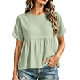 thumbnail image 4 of Craaazy Short Sleeve Tops for Women Loose Fit Solid Color Crew Neck Pleated Peplum Cotton Linen Blend Top Casual Summer Blouse for Daily Summer Wear, 4 of 6