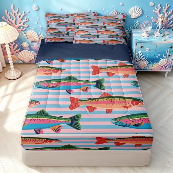 Manfei Cartoon Trout Zipper Twin Comforter Sets with Fitted Sheet and 2 Pillowcases, Stripe Background Zipper Bedding Set, Blue Pink Orange, Blue Reversible, 4pcs