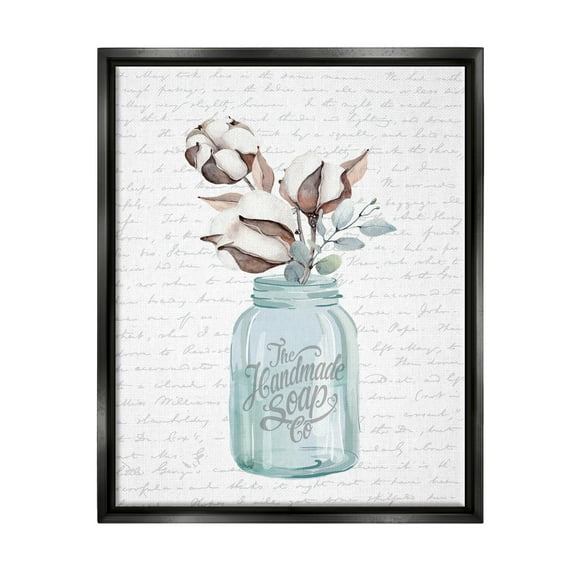 Stupell Industries Handmade Soap Jar Cotton Flower Bathroom Word Design Jet Black Framed Floating Canvas Wall Art, 16x20, by Lettered and Lined