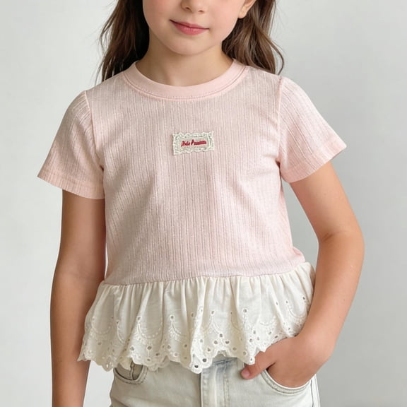 Short Sleeve Blouse for Girls Toddler Ribbed Knit Top with Lace Eyelet Peplum Hem Back to School Elegant Summer Casual Outfits
