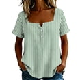 thumbnail image 2 of Yrmaups Loose Fit Short Sleeve T Shirt for Women Plus Size, Square Neck Button Down Blouse, Striped Casual Tee, Soft Stretch Top for Beach Travel Office Daily Wear, Army Green L, 2 of 8