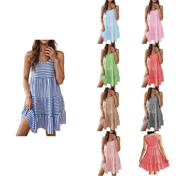 Antinious Women Casual Sleeveless Stripe Round Neck Patchwork Loose Versatile Stylish Dress