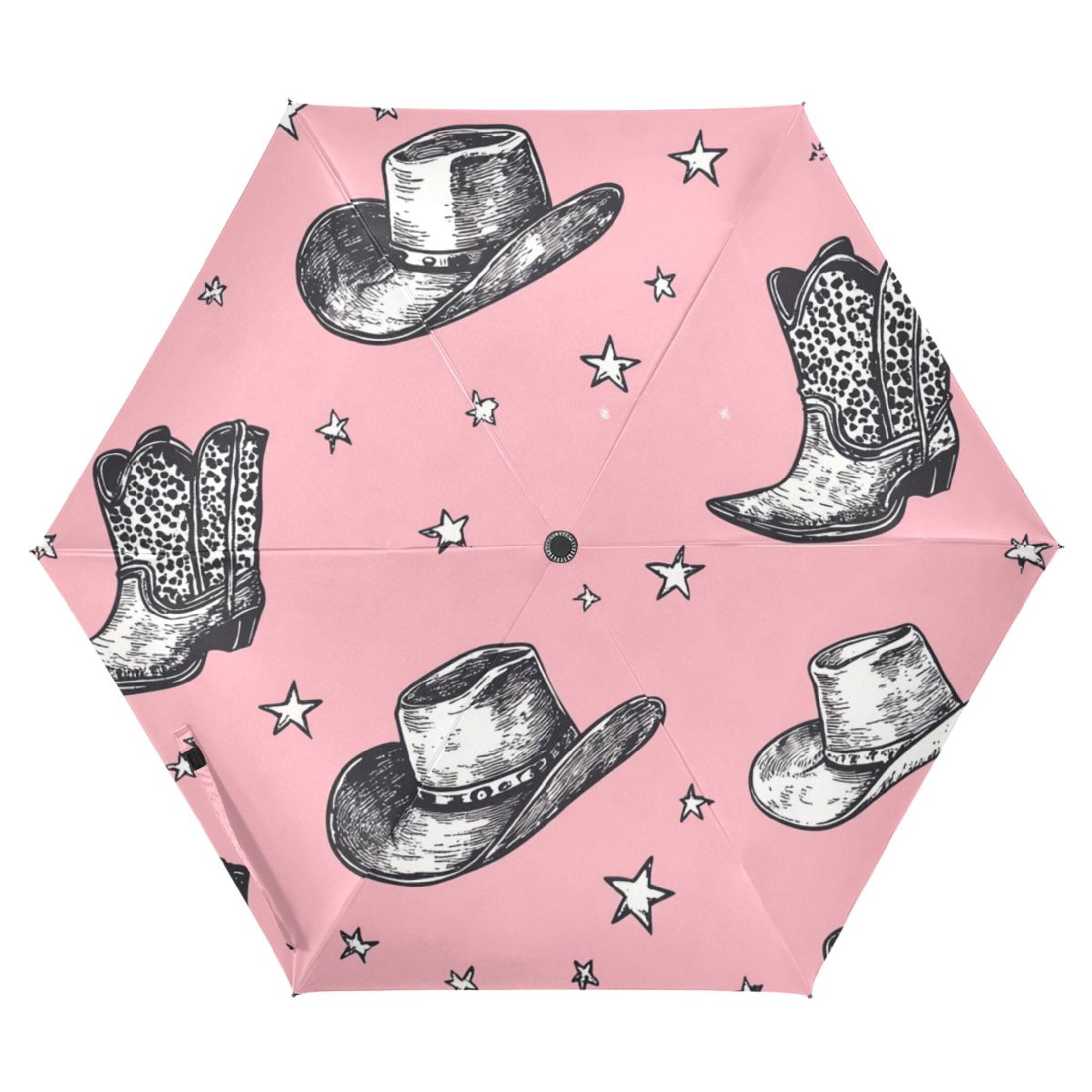Cowboy Hats Boots Stars All Weather Umbrella Triple Folding Parasol 6 Ribs UV Protection Portable