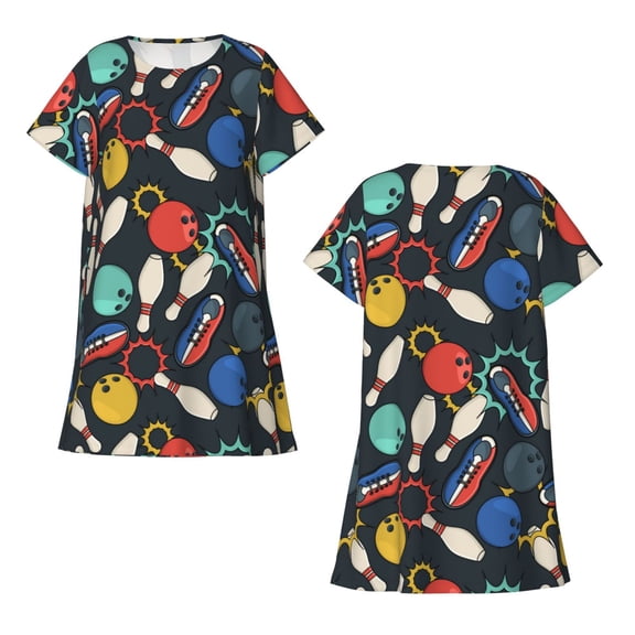 Horeoi Bowling Ball Print Women's Short-sleeved Nightdress Breathable Cotton-like Material Loose A-line Knee-length