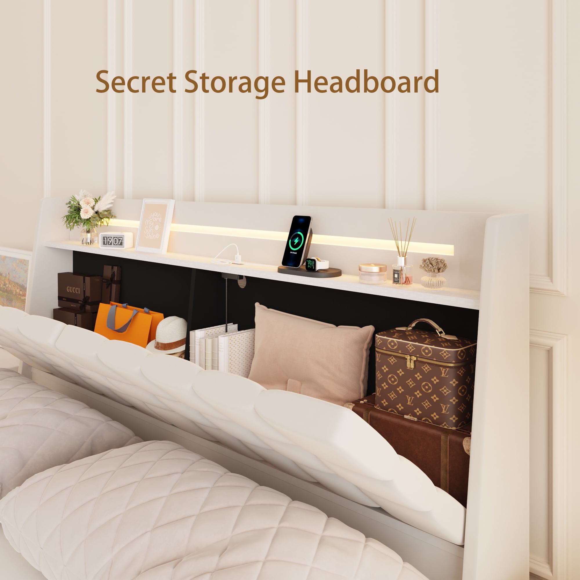 Miniyam Wood King Size Floating Bed with Hidden Storage Headboard LED Light USB Ports for Adult Beige