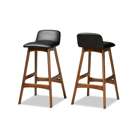 Baxton Studio Darrin Mid-Century Modern Black Faux Leather Upholstered and Walnut Brown Finished Wood 2-Piece Bar Stool