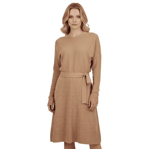 Yemak Women's Loose Fit Rip Neck Flared Sweater Knitted Dress Cork-L-BD