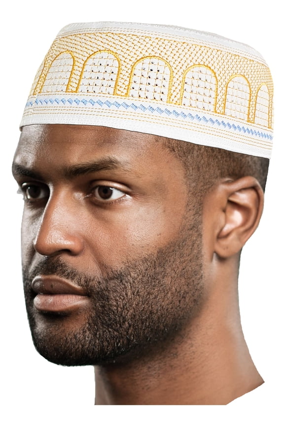 White, Gold and Blue Kofia Hat African Embroidered Kufi Cap