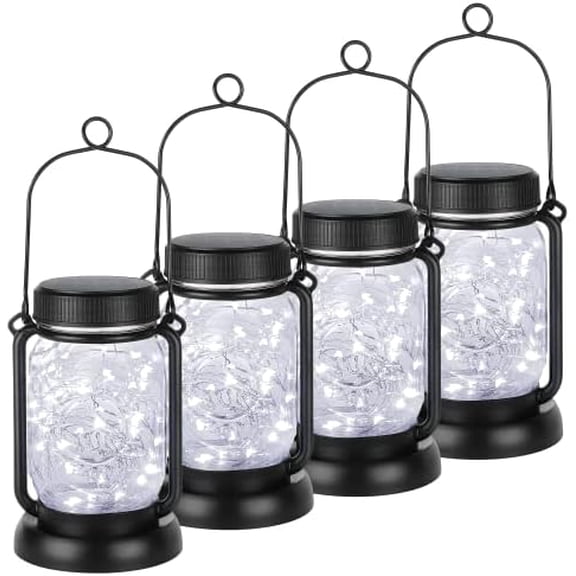 Cool White 4 Pack Solar Hanging Mason Jar Lights with Stakes, Waterproof Decorative 30 LEDs Outdoor Solar Lantern Lamp Patio Garden Tree Yard