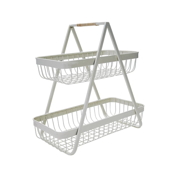 Creative Co-Op Decorative Metal 2-Tier Tray with Rattan Wrapped Handle, White