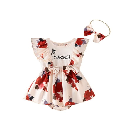 

Baby Girls Summer Tutu Romper Flying Sleeve Letter Rose Print Playsuit with Bow Headband