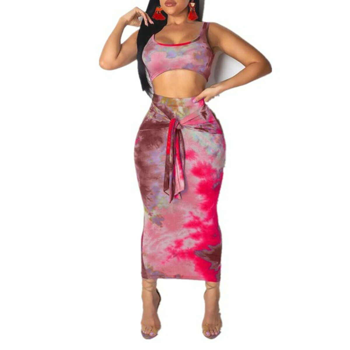 Plus Size Skirt Sets Tie Dye Twp Piece Outfit Sleeveless Tank Crop Top Bodycon Skirts Pink Blue 1X