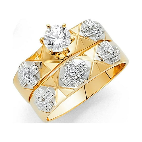14k Two Tone Gold 1 ct CZ Multi Cross Wedding Ring Trio Set Bride & Groom