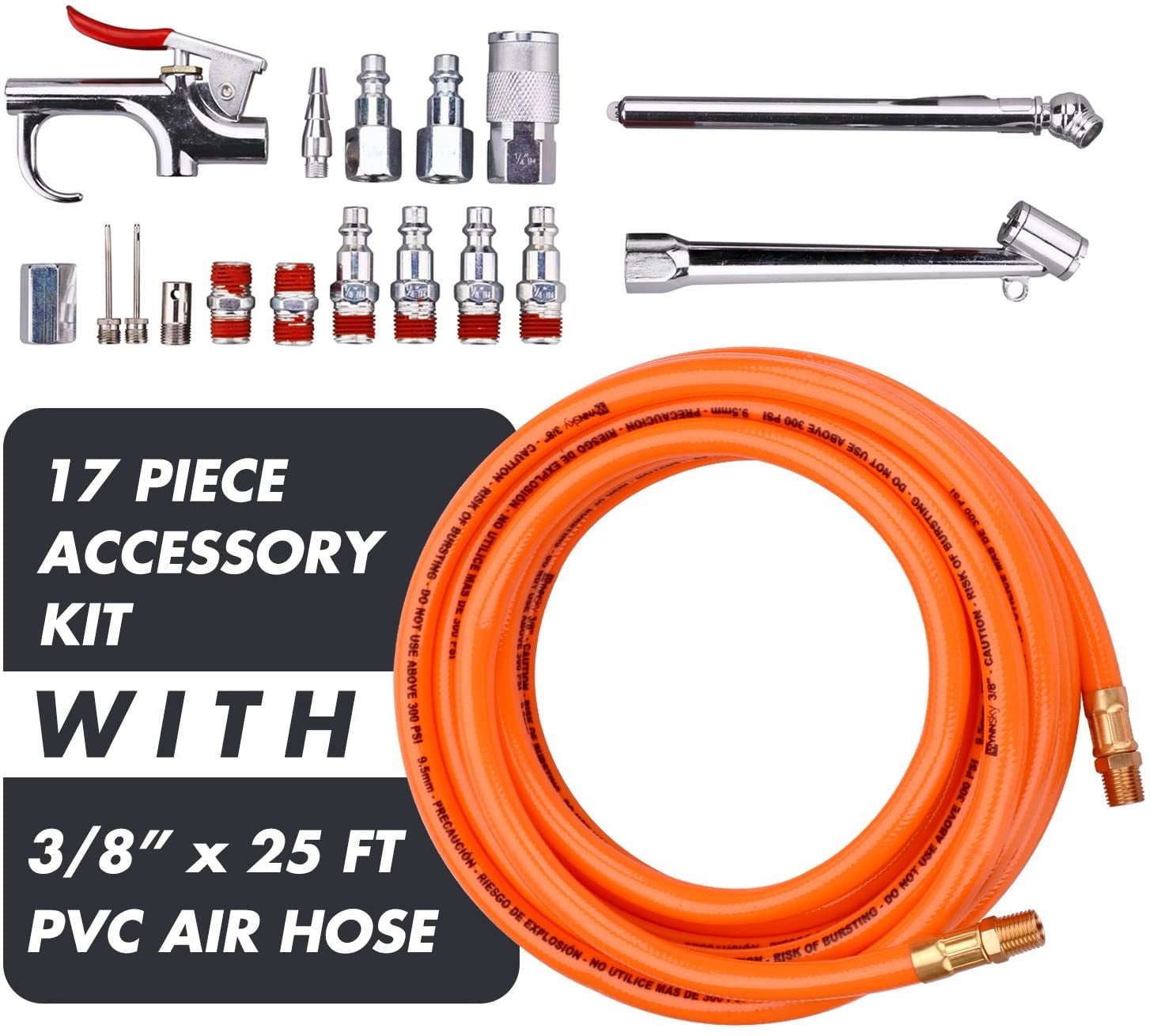 WYNNsky 3/8" X 25ft PVC Air Compressor Hose Kit With 17 Piece Air Tool and Air Compressor Accessories Kit