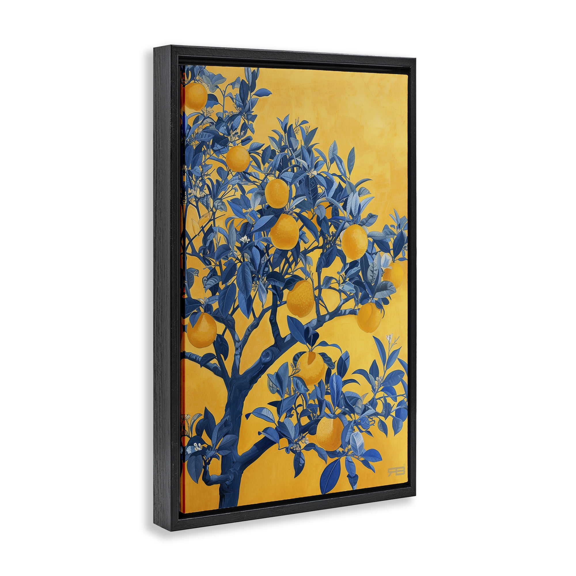 Stupell Industries Lemon Tree on Orange Food & Beverage Painting Black Floater Framed Canvas Art Print Wall Art, 21 x 31