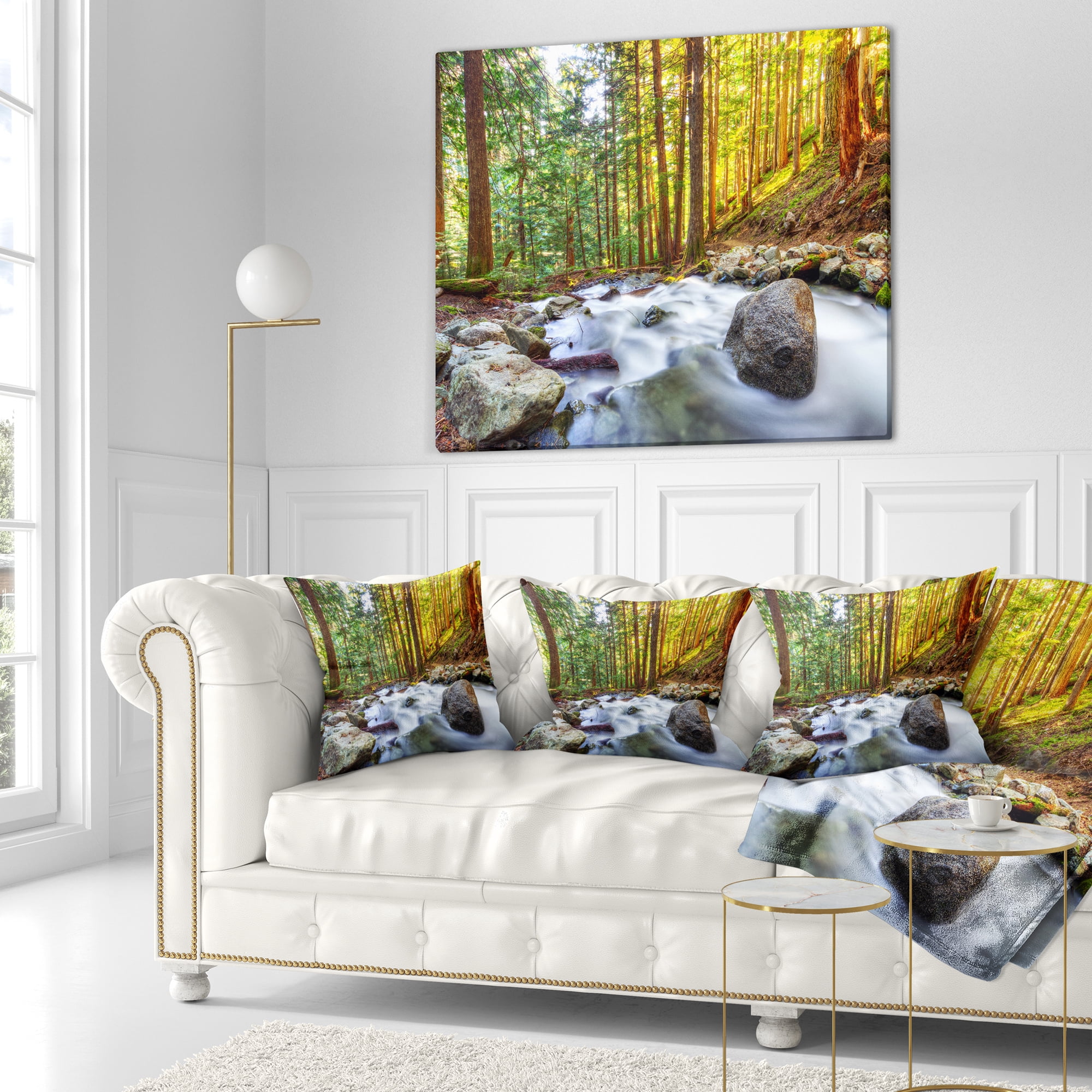 Designart Creek Flowing Through Forest - Landscape Printed Throw Pillow - 18x18