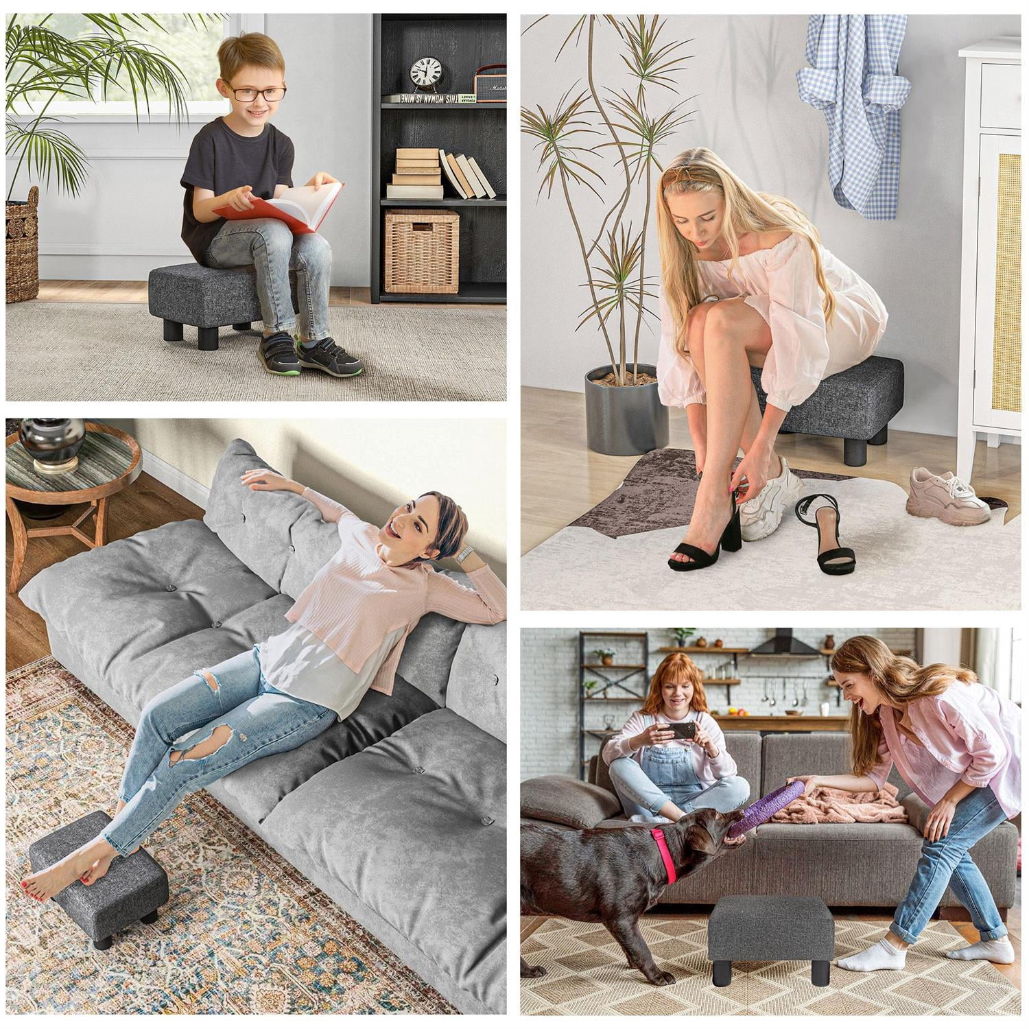 Demi Bonn 15" Small Ottoman Foot Rest, Foot Stool with Linen Fabric Upholstery and Plastic Legs, Cube Ottoman for Living Room, Bedroom, Gray