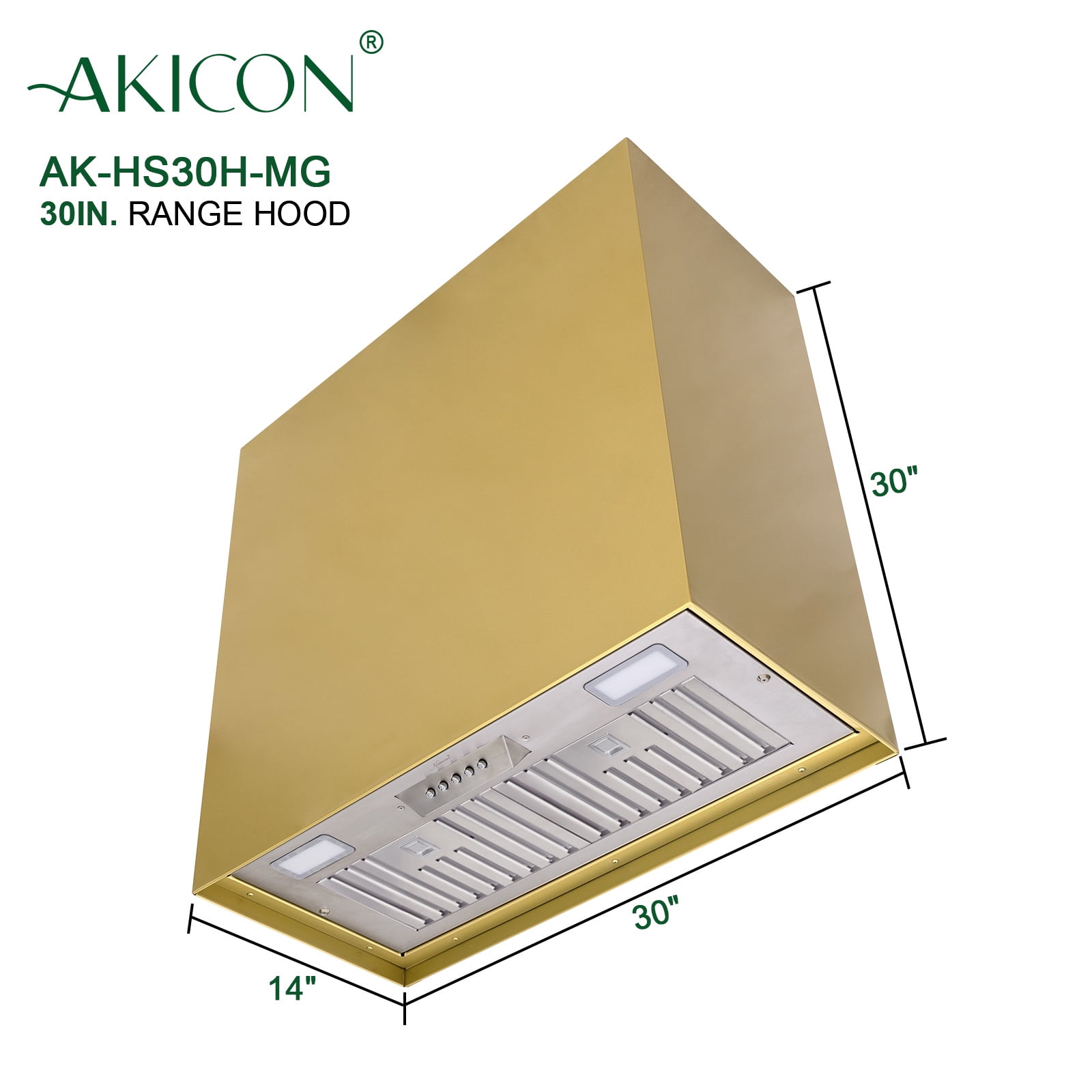 Akicon Stainless Steel Range Hood, Modern Box Ducted Kitchen Hood with Powerful Vent Motor, Wall Mount, 30"W*30"H*14"D, Matte Gold