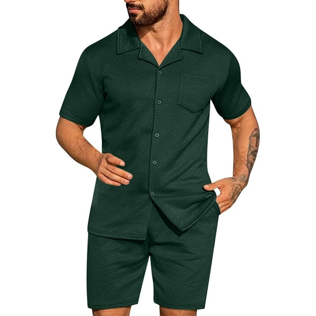 NTACZA Casual Men Shorts Set Button Down Short Sleeve Tracksuits Mens Sports Waffle Sweatsuits 2X