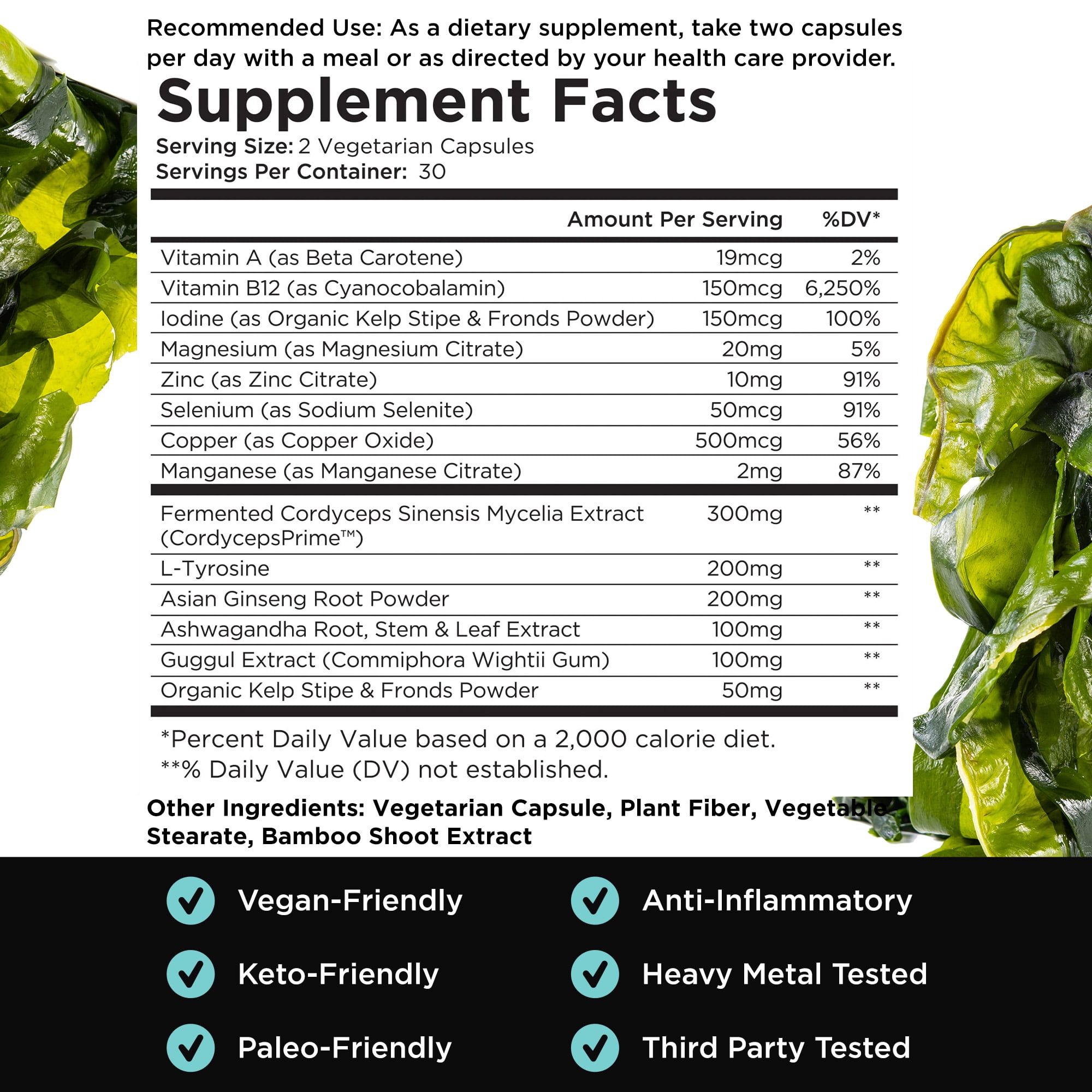 Livingood Daily Thyroid Support, 60 Capsules - Thyroid Supplement with Iodine + Adrenal Cortisol Support Formula