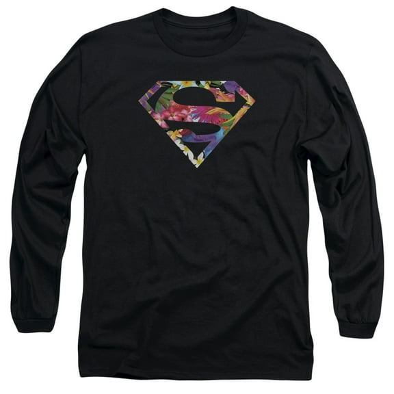 Superman Hawaiian Shield Long Sleeve Adult 18/1 T-Shirt Black