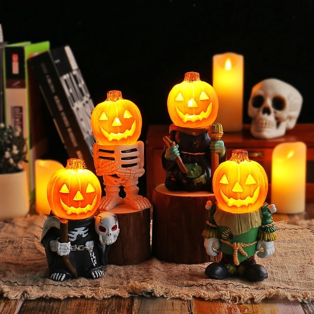Fiudx Luz Led de Calabaza, Adorno de Resina Único, Iluminación Led Acogedora, Decoración Versátil para Escritorio y Patio, Perfecta para Halloween, Diseño Ecológico Duradero, Alimentación Por Batería