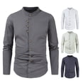 thumbnail image 6 of tasrioml Men Linen Shirt Casual Long Sleeve Button Down Solid Color Male Tops Beach Banded Collar Summer Shirts, 6 of 8