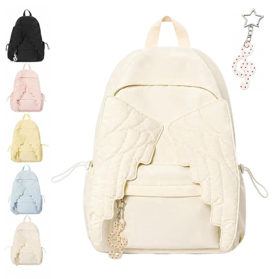 Spacious Angel Wings Backpack for Women (16 * 13 * 6in),Beige | Large Capacity Lightweight Travel Nylon Backpack, Aesthetic Zipper Design, Adjustable Straps, for Campus,Work,Travel