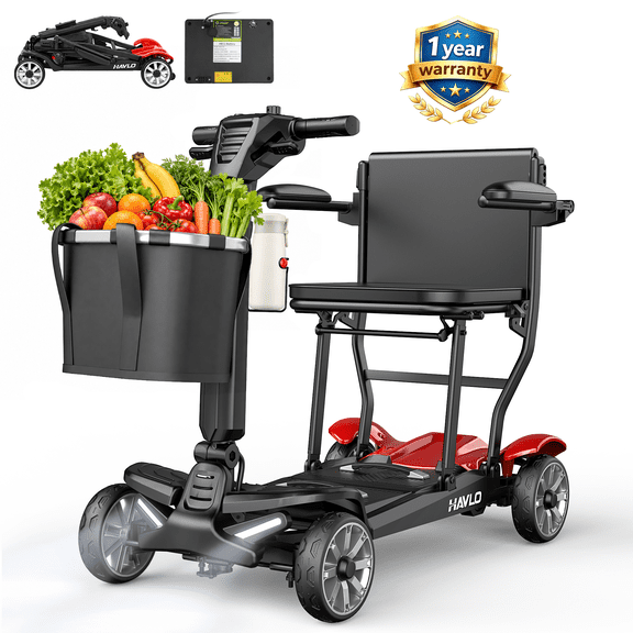 Havlo 37.5 lbs Lightweight Mobility Scooter for Seniors & Adults, Foldable 4-Wheel Travel Scooter with Removable Lithium Battery, 13-Mile Range, 270W Brushless Motor, for Shopping,Cruises,Red