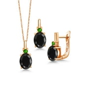 Gem Stone King 7.57 Ct Black Sapphire Green Simulated Tsavorite 18K Rose Gold Plated Silver Pendant Earrings Set