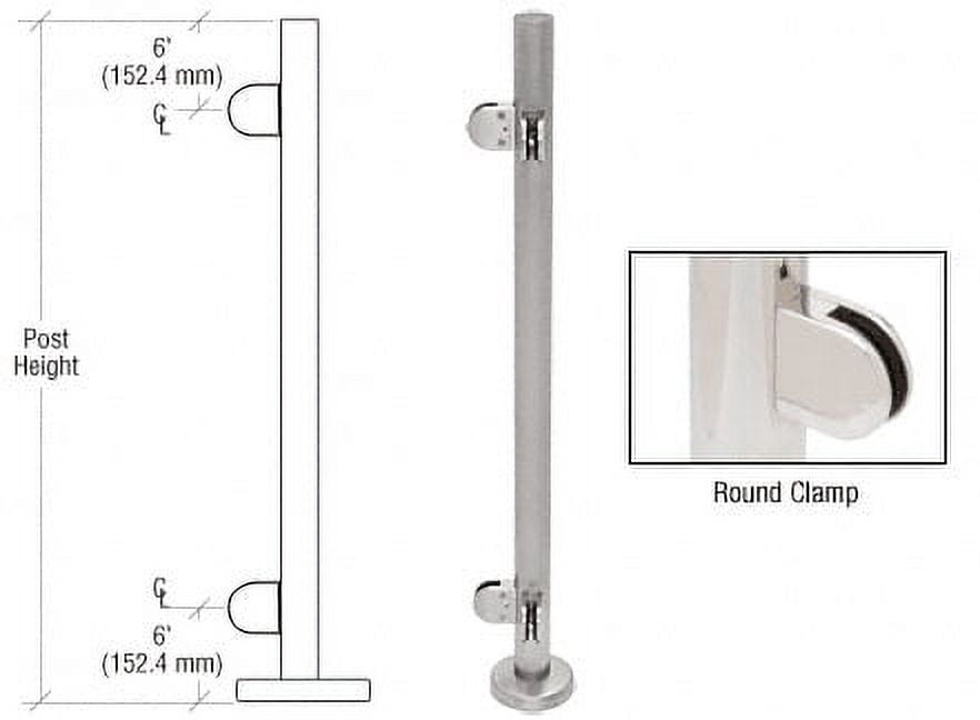 CRL PR42LBS Brushed Stainless 42" Steel Round Glass Clamp 90 Degree Corner Post Railing Kit