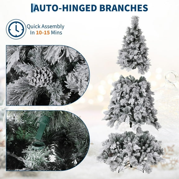 Snow Flocked Pre-Lit Artificial Christmas Tree | Full Design with Warm White Lights & Foldable Stand for Easy Setup