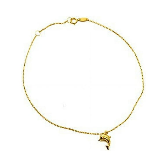 LoveBling 10K Yellow Gold .50mm Diamond Cut Rolo Chain w/Dolphin Charm Anklet Adjustable 9" to 10" (#54)