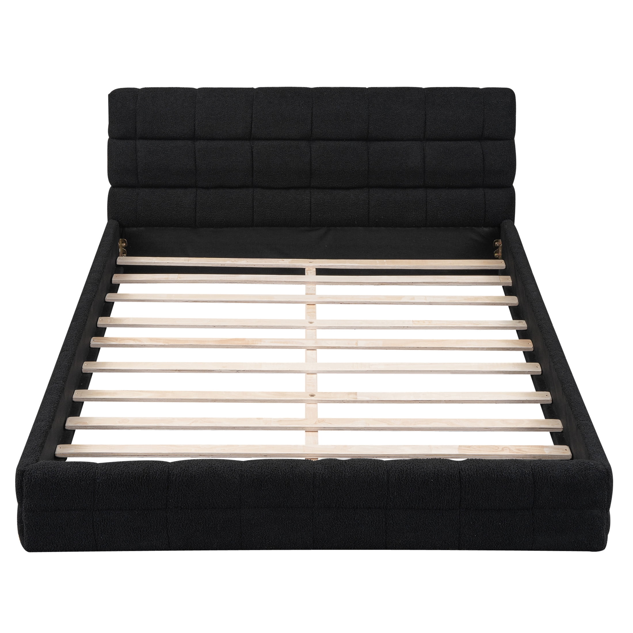 Noble House Queen Upholstered Platform Bed, Modern Velvet Headboard with Wood Slats Support, Bedroom Bed Frame, Black