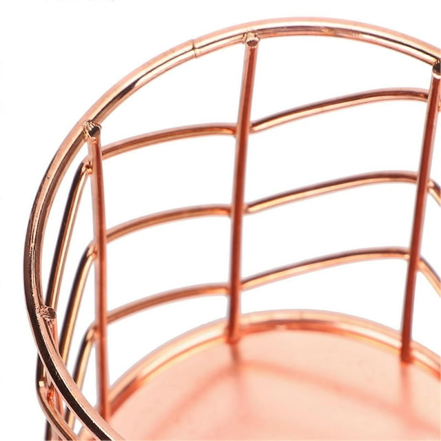 2Pcs Pen Holder Round Rose Gold Desktop Storage Basket Metal Mesh Makeup Organizer Box