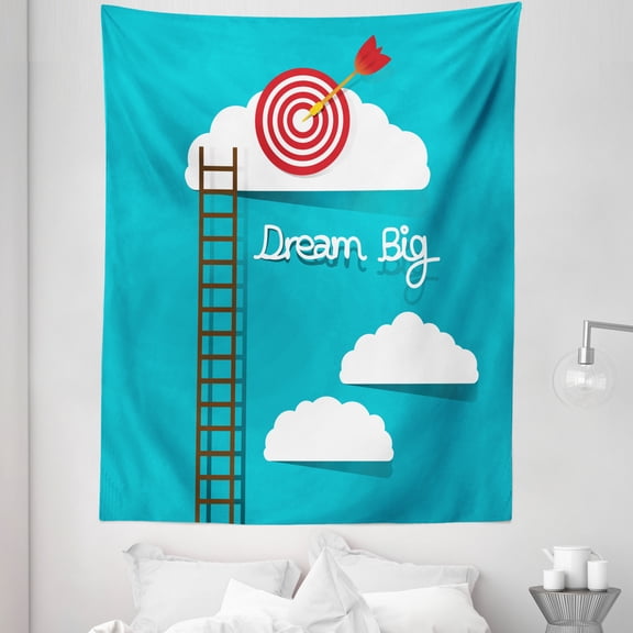 Inspirational Tapestry, Dream Big Phrase with Dart Board Fluffy Clouds Staircase Optimistic Attitude, Fabric Wall Hanging Decor for Bedroom Living Room Dorm, 5 Sizes, Multicolor, by Ambesonne
