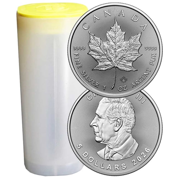 Roll of 25 - 2026 $5 Silver Canadian Maple Leaf 1 oz BU