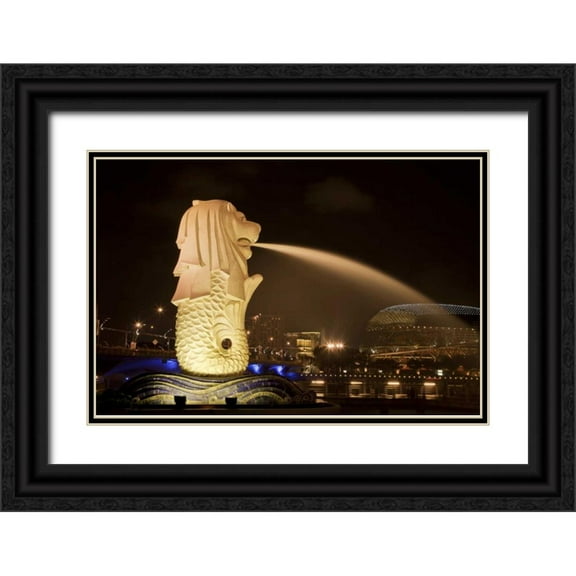 Zuckerman, Jim 32x23 Black Ornate Wood Framed with Double Matting Museum Art Print Titled - Singapore Merlion statue spewing water