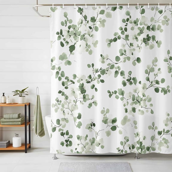Shower Curtains for Bathroom, Sage Green Botanical Waterproof Fabric Shower Curtain, Eucalyptus Sprigs Watercolor Decorative Bathroom Curtain for Bathtub, 72"x84", No Hooks Included