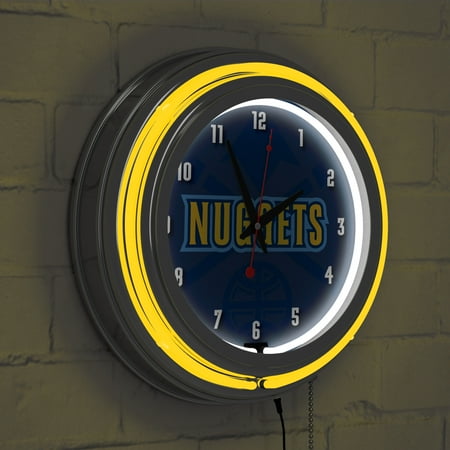 Denver Nuggets NBA Fade Chrome Double Ring Neon Clock - Dark Blue, Yellow