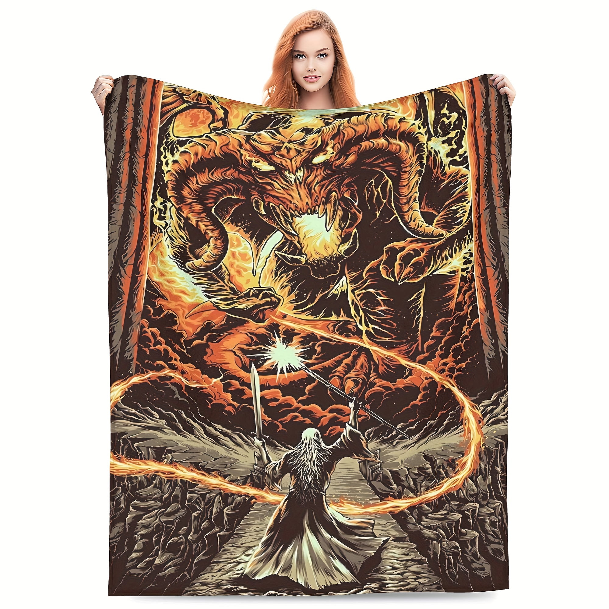 Lord of the Rings Gandalf vs. Balrog Throw Blanket Cozy Portable All-Season Comfort for Car Camping Sofa Bed Vintage Style Red & Black Ideal Gift for Fantasy Fans Mythical Theme