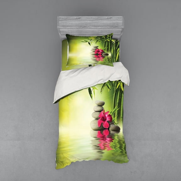 Ambesonne Forest Bedding Set 3 Pcs, Wild Leaves and Calm Water, Twin, Apple Green and Magenta