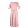 thumbnail image 4 of Nisorays Women's A Line Self Tie Waist Maxi Dress Round Neck 3/4 Sleeve High Waist Plus Size Swing Flare Long Dresses Pink 5XL, 4 of 5